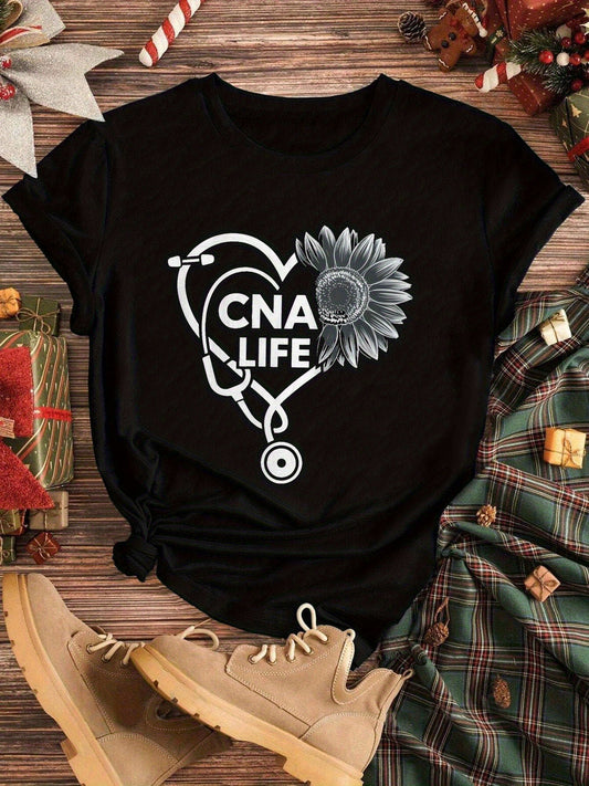Women's CNA Life Graphic T-Shirt - Soft Casual Short Sleeve Round Neck Tee with Sunflower & Stethoscope Heart Print, Black & White Healthcare Professional Apparel, Machine Washable All-Season Comfort, Festive Clothing, Stetho
