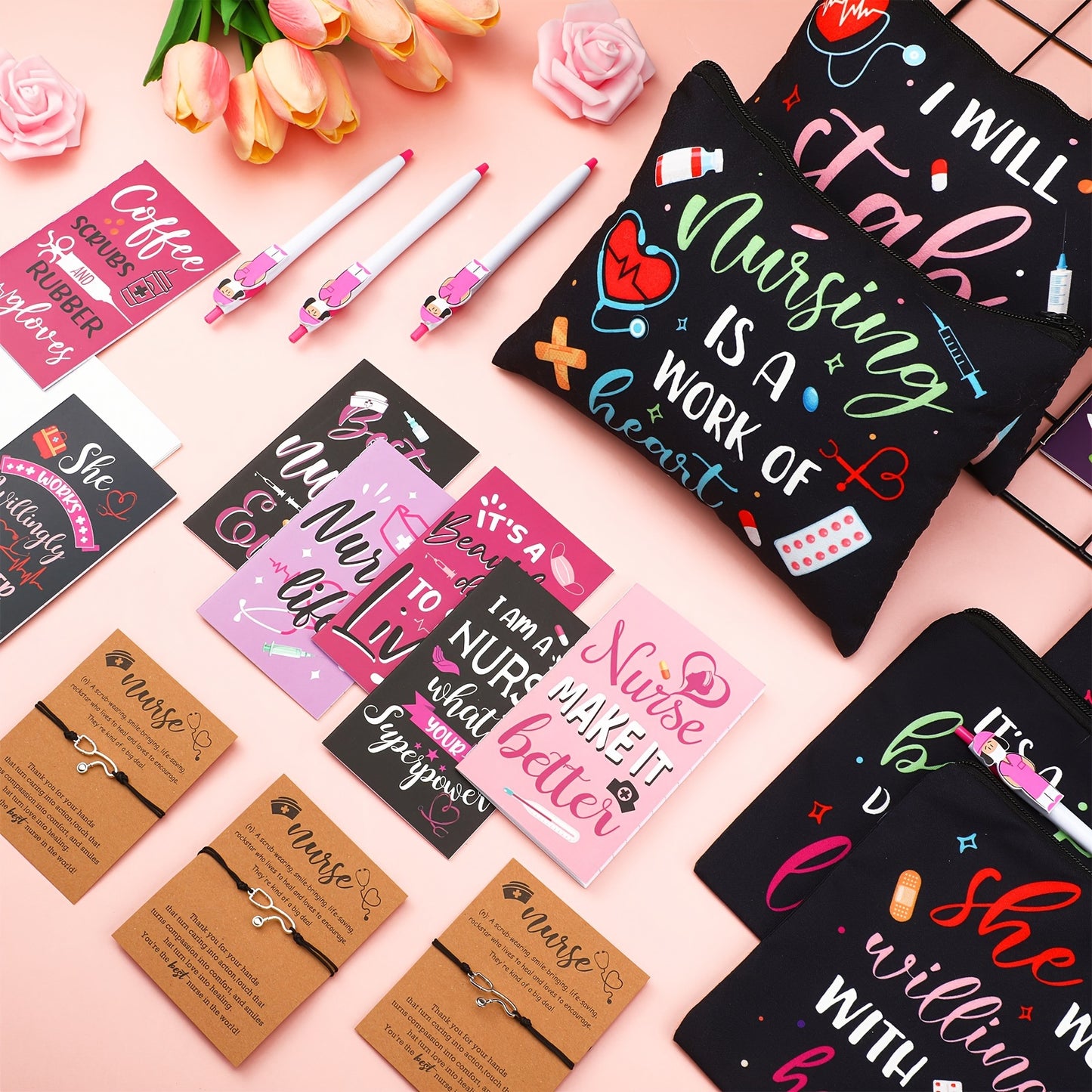 96 Pcs Nurse Appreciation Christmas Gifts Set 24 Nurse Makeup Cosmetic Bag 24 Pocket Journal 24 Doctor Nurse Ballpoint Pen 24 Stethoscope Bracelet For Nursing Students School Practitioner Gifts