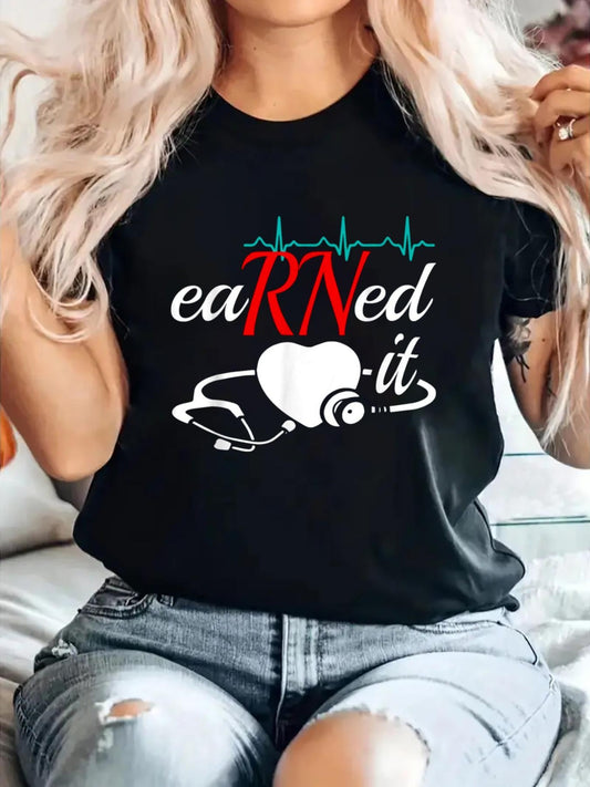 1pc Women'S 'Earned It RN' Nurse Graduation T-Shirt- Black Round Neck with Stethoscope and EKG Print, Short Sleeve Casual Top, Spring Summer, Spring Casual Wear Casual Style Shirt Fabric