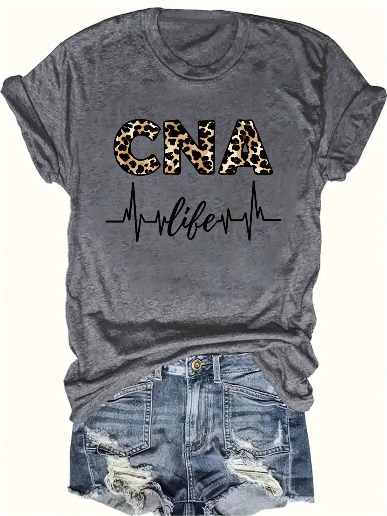 Women'S Casual CNA Graphic Tee - Red Crew Neck T-Shirt with Leopard Print "CNA" Design & Heartbeat Line, All-Season Fashion, Casual Wear|Leopard Print Top|Comfortable Fit, Nurses Shirt