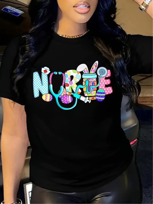 Women's Easter Nurse Graphic T-Shirt - Black Short Sleeve Crew Neck, Colorful Medical Themed Print, Soft Casual Top for Spring & Summer