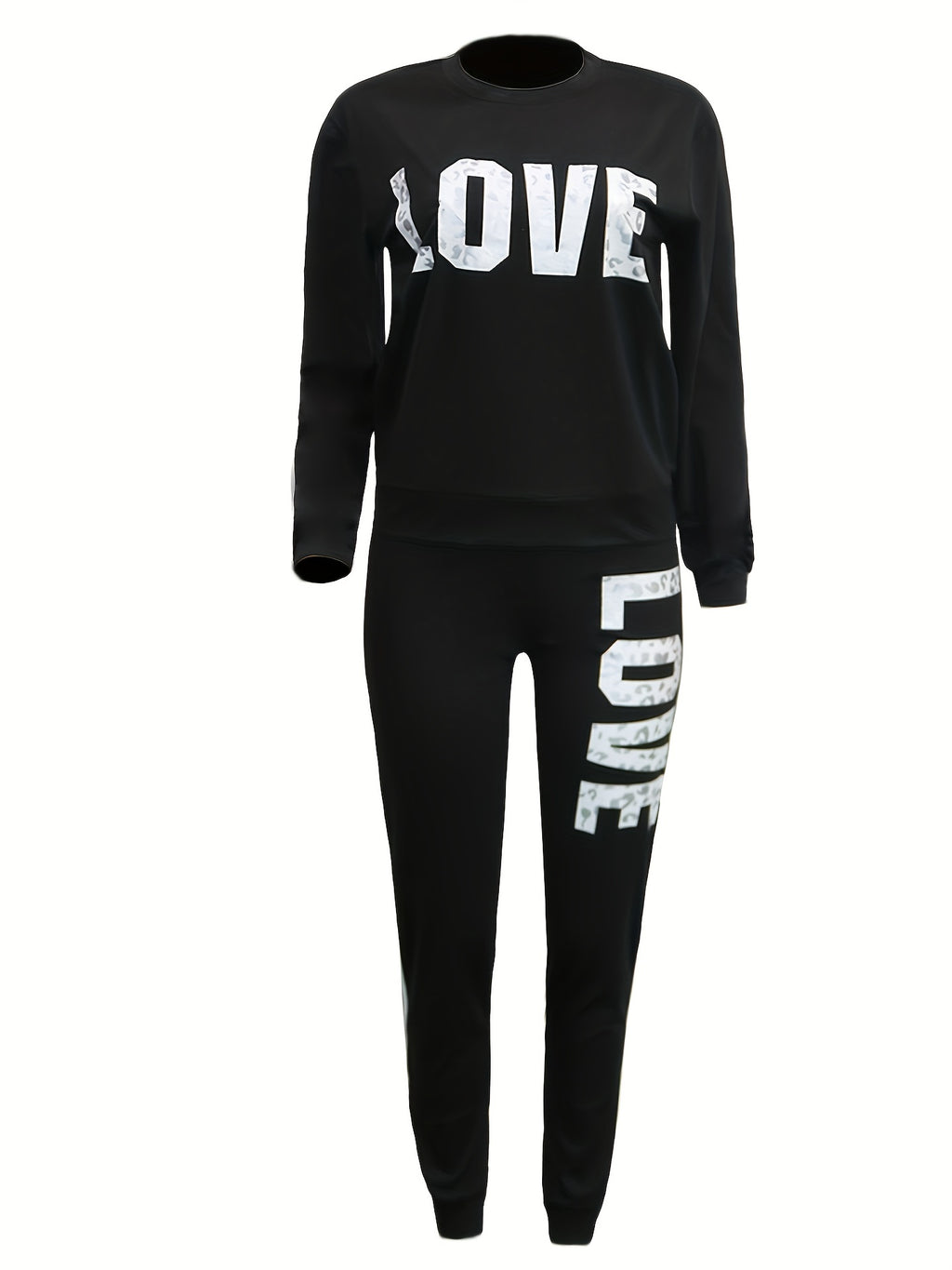 Women's Sports Two-piece Set, Love Letter Print Long Sleeve Top & Pants For Fall & Winter, Women's Clothing
