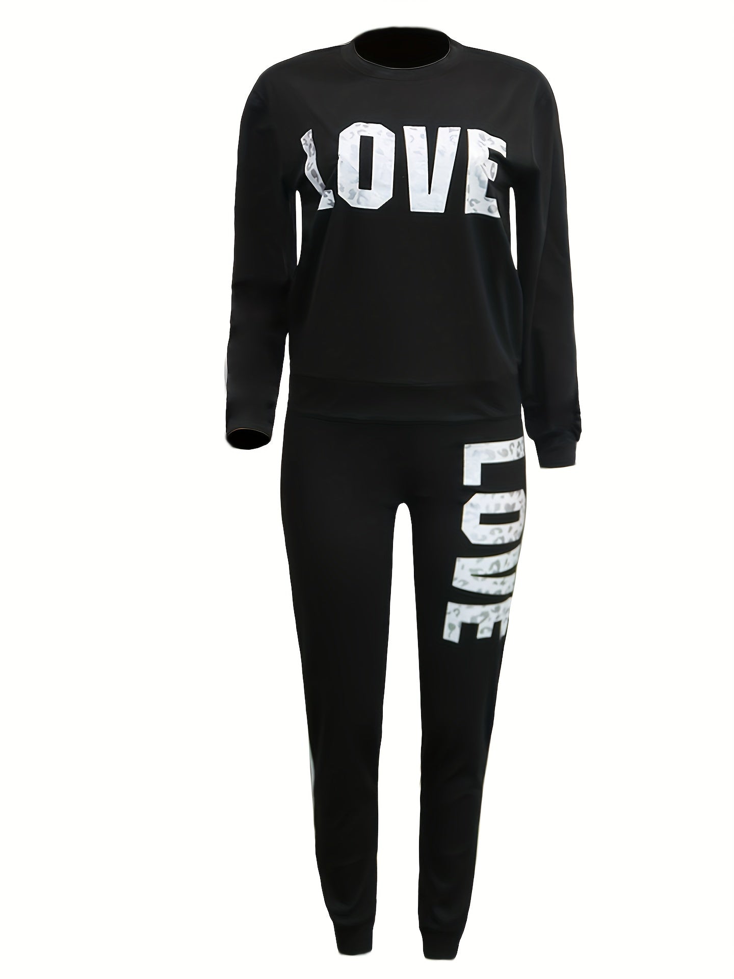 Women's Sports Two-piece Set, Love Letter Print Long Sleeve Top & Pants For Fall & Winter, Women's Clothing
