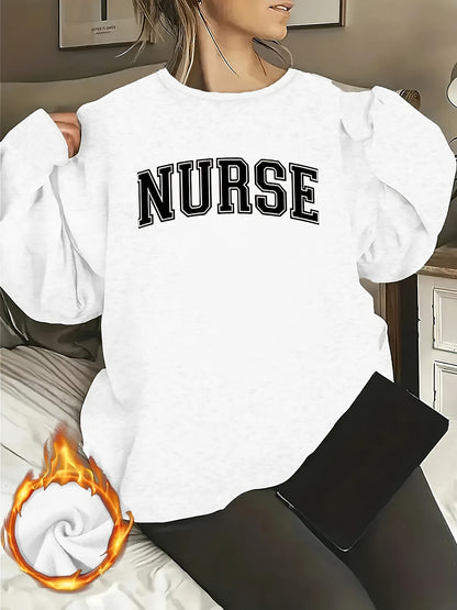 [Relaxed Fit] Women's "NURSE" Letter Print Crew Neck Sweatshirt - Cozy Long Sleeve Pullover, Casual Loose Fit, Perfect for Fall/Winter, Machine Washable, Polyester, Casual Wear|Casual Style|Machine Washable Garment