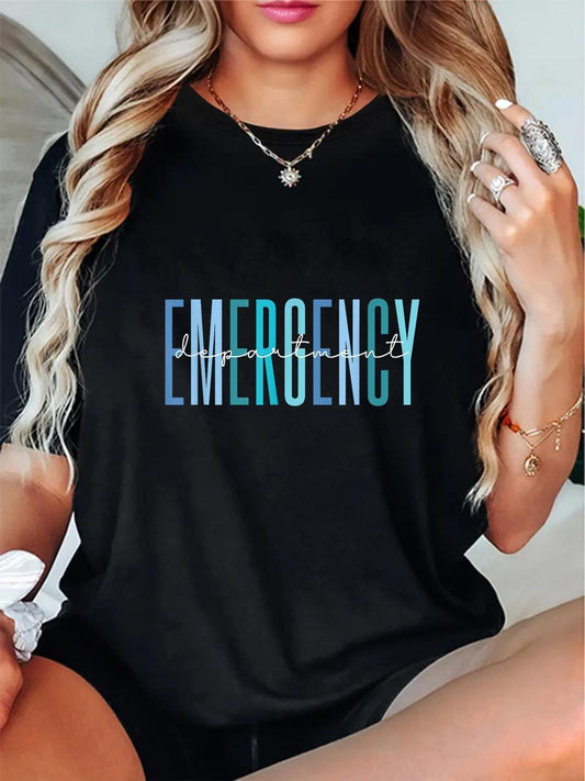Women's Casual ER Nurse T-Shirt - 100%, Short Sleeve, Round Neck with Bold "EMERGENCY" Print, Lightweight & Breathable for Healthcare Professionals