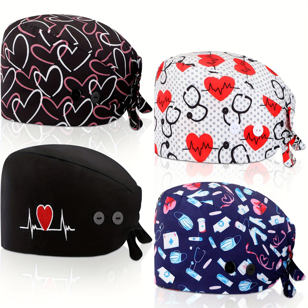 4pcs Adjustable Nurse Scrub Caps with Button & Sweatband - Elastic, Multicolor Working Hats for Women, Heart Design, Working Caps, Nurse Hats