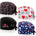 4pcs Adjustable Nurse Scrub Caps with Button & Sweatband - Elastic, Multicolor Working Hats for Women, Heart Design, Working Caps, Nurse Hats
