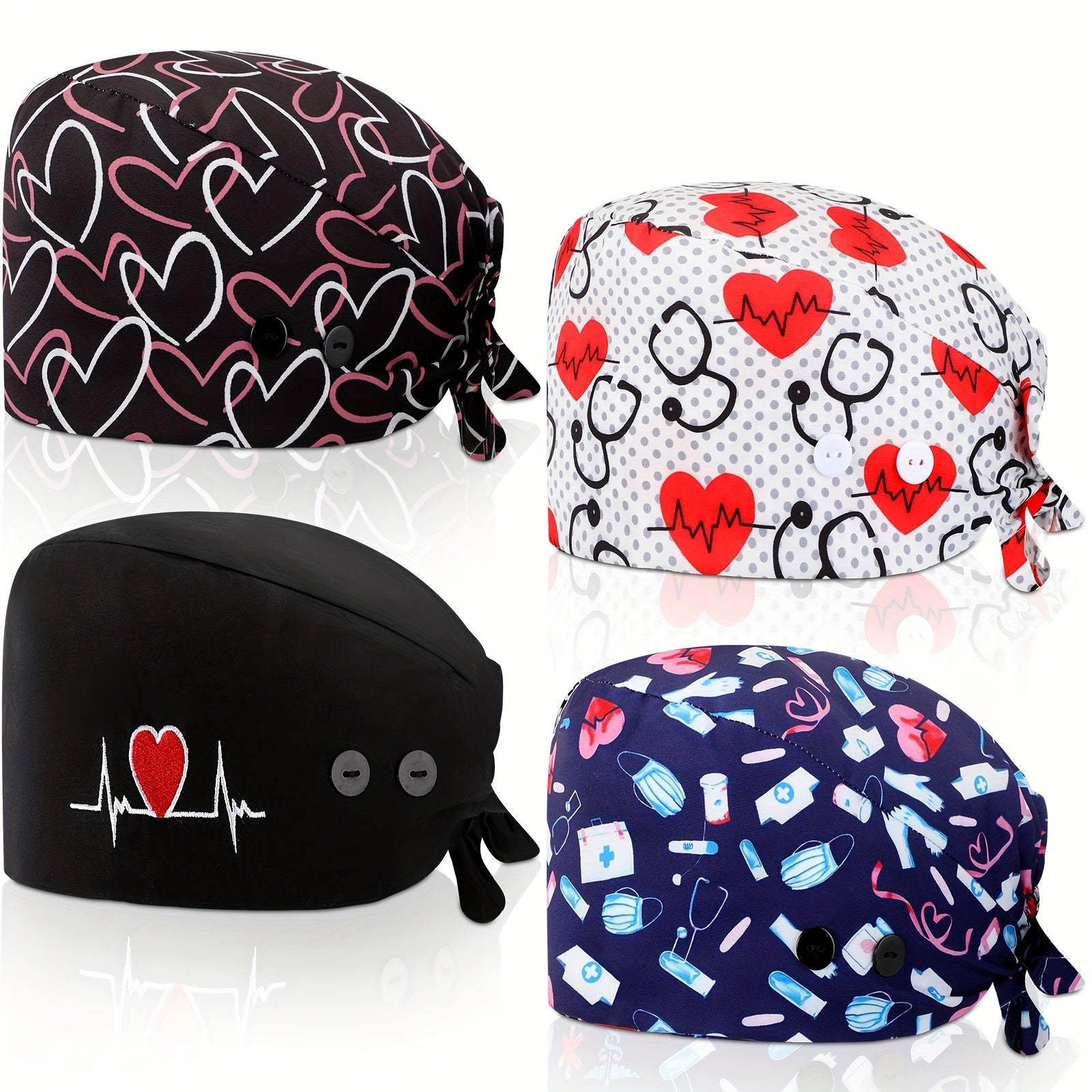 4pcs Adjustable Nurse Scrub Caps with Button & Sweatband - Elastic, Multicolor Working Hats for Women, Heart Design, Working Caps, Nurse Hats