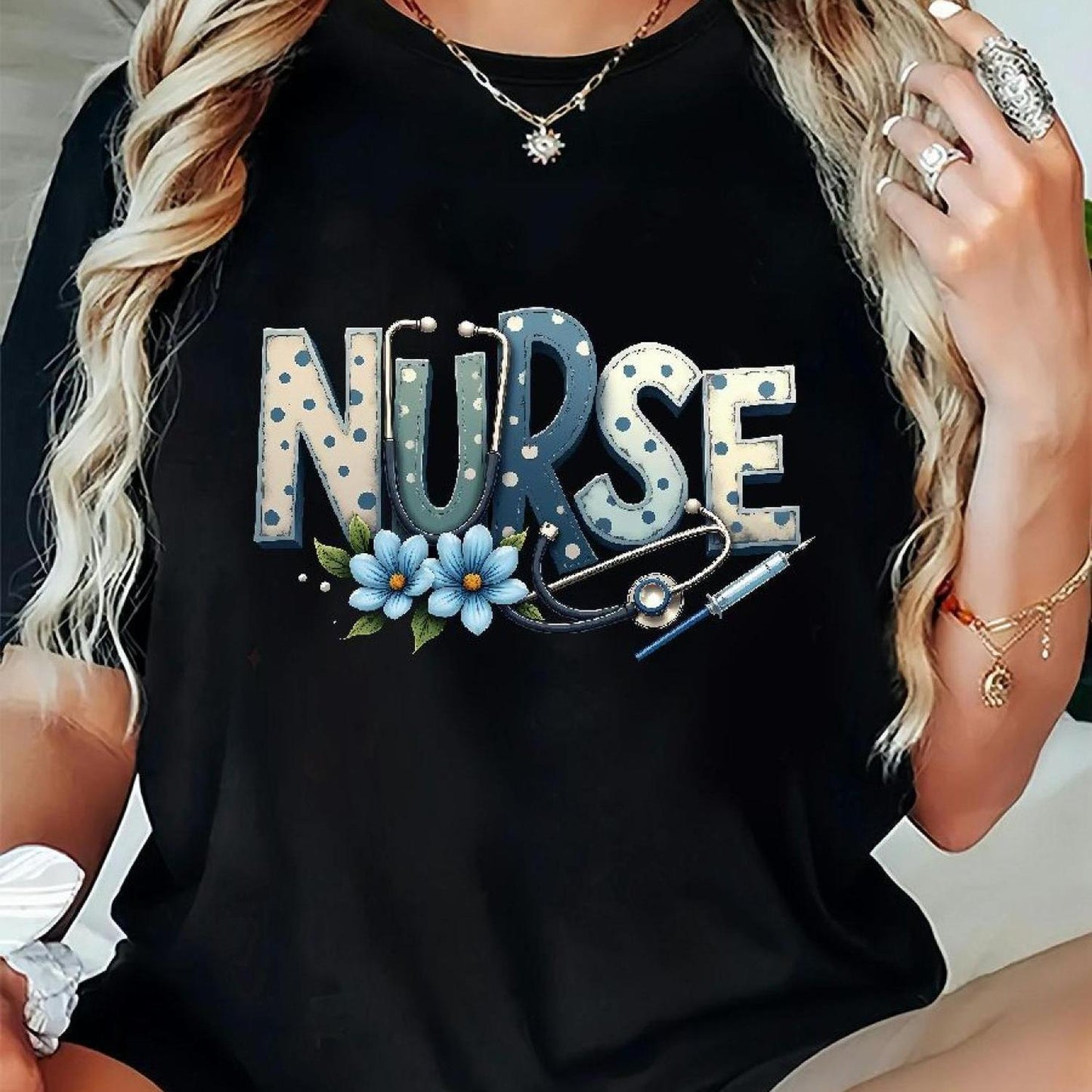 Casual Nurse Graphic T-Shirt - Short Sleeve, Round Neck, Stretchy, Machine Washable - Ideal for Spring/Summer/Fall