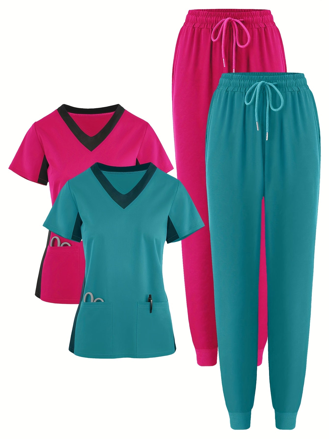(4pcs Set)Scrubs Uniform Women's Jogging Brushed Elastic Sport Nurse Medical Uniform Scrub Top Work Suit Breathable Scrub Set 4pcs