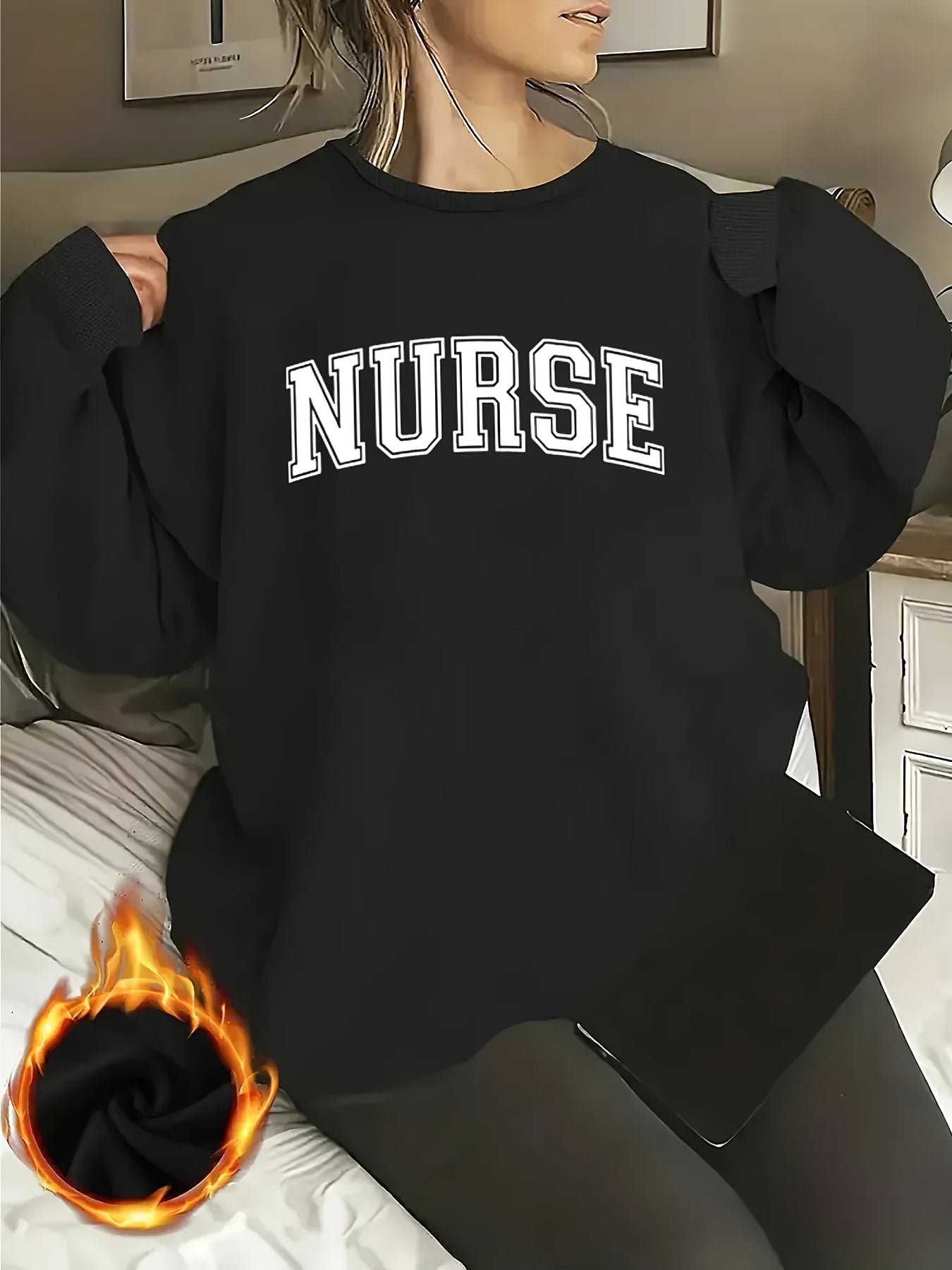[Relaxed Fit] Women's "NURSE" Letter Print Crew Neck Sweatshirt - Cozy Long Sleeve Pullover, Casual Loose Fit, Perfect for Fall/Winter, Machine Washable, Polyester, Casual Wear|Casual Style|Machine Washable Garment