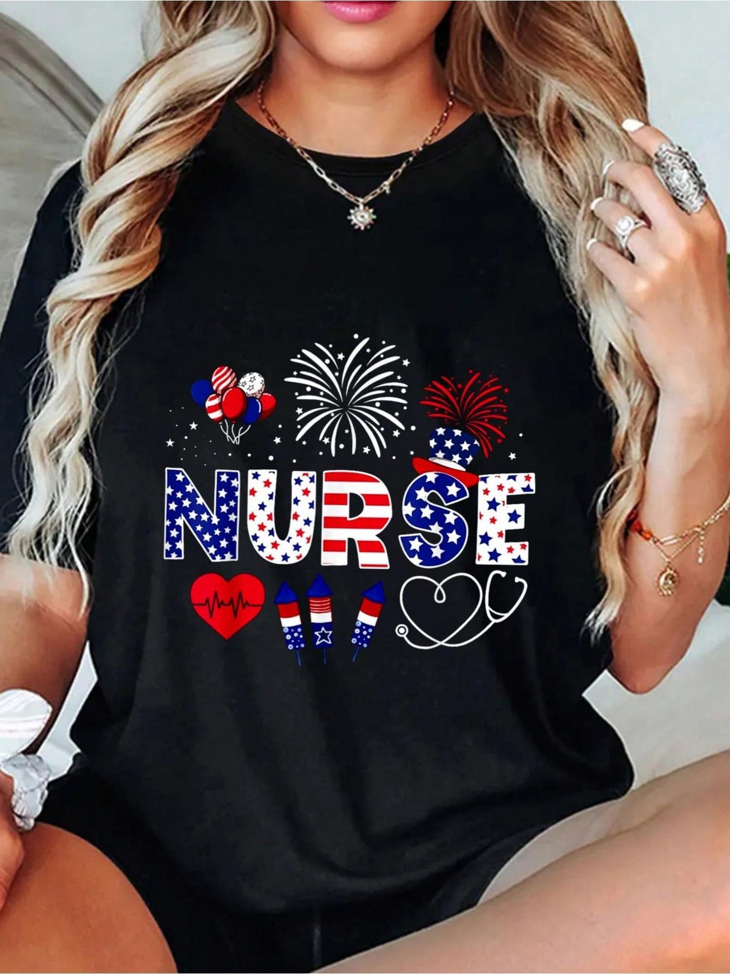 4Th Of July Nurse American Flag Fourth Of July Nurse T-Shirt Women T Shirt, Short Sleeve Round Neck Casual Top For Summer & Spring, Women'S Clothing