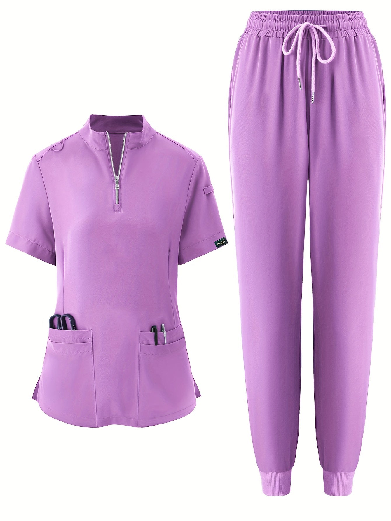 Solid Color Modern Scrub Set, Short Sleeve 2 Pockets Scrub Top + Drawstring Waist Scrub Bottoms, Breathable & Comfortable Health Care Uniform For Doctor, Nurse, Physician, Dentist, Women's Work Clothing