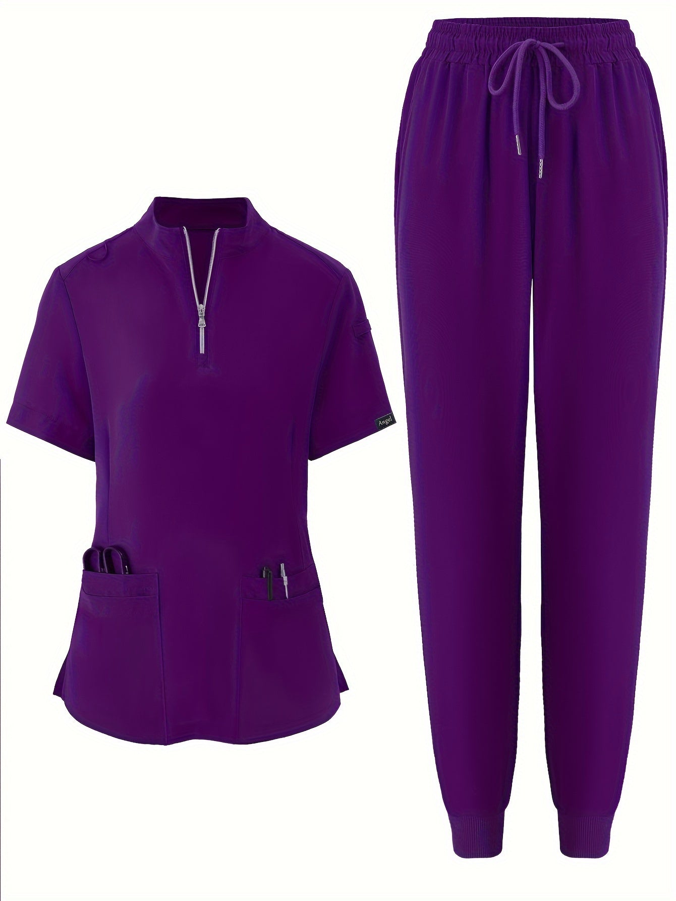 Solid Color Modern Scrub Set, Short Sleeve 2 Pockets Scrub Top + Drawstring Waist Scrub Bottoms, Breathable & Comfortable Health Care Uniform For Doctor, Nurse, Physician, Dentist, Women's Work Clothing