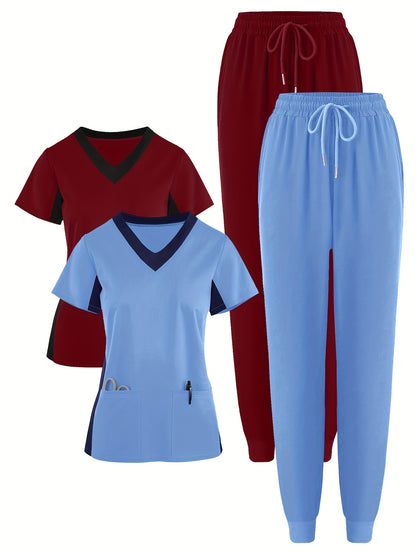 (4pcs Set)Scrubs Uniform Women's Jogging Brushed Elastic Sport Nurse Medical Uniform Scrub Top Work Suit Breathable Scrub Set 4pcs