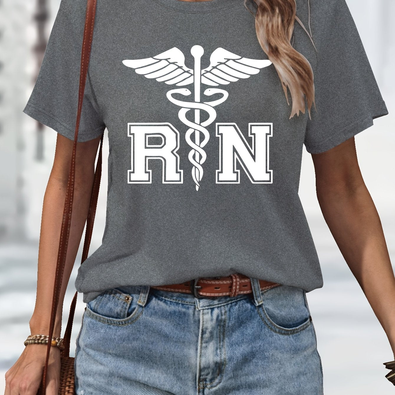 Women's Casual Nurse T-Shirt with RN Graphic - Black Short Sleeve, Round Neck, Machine Washable, Polyester Blend, Comfortable Casual Attire, Nurse Shirt