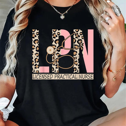 180g Printed Round Neck Short Sleeve T-Shirt LPN - Leopard Nurse LPN Nursing Licensed Practical Nurse T-Shirt