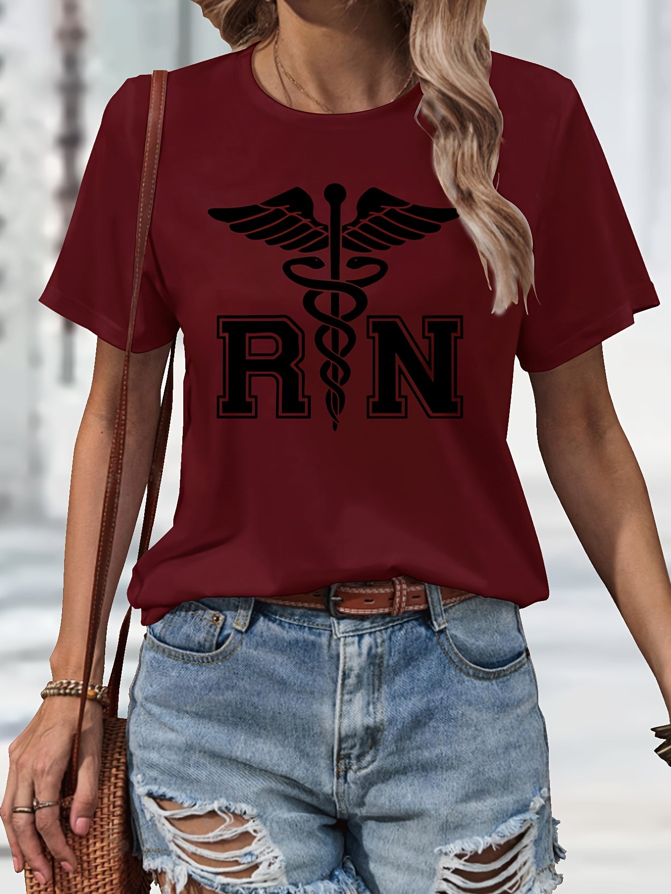 Women's Casual Nurse T-Shirt with RN Graphic - Black Short Sleeve, Round Neck, Machine Washable, Polyester Blend, Comfortable Casual Attire, Nurse Shirt