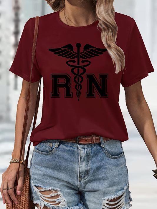 Women's Casual Nurse T-Shirt with RN Graphic - Black Short Sleeve, Round Neck, Machine Washable, Polyester Blend, Comfortable Casual Attire, Nurse Shirt