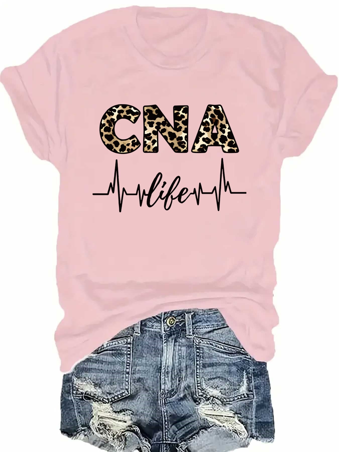 Women'S Casual CNA Graphic Tee - Red Crew Neck T-Shirt with Leopard Print "CNA" Design & Heartbeat Line, All-Season Fashion, Casual Wear|Leopard Print Top|Comfortable Fit, Nurses Shirt