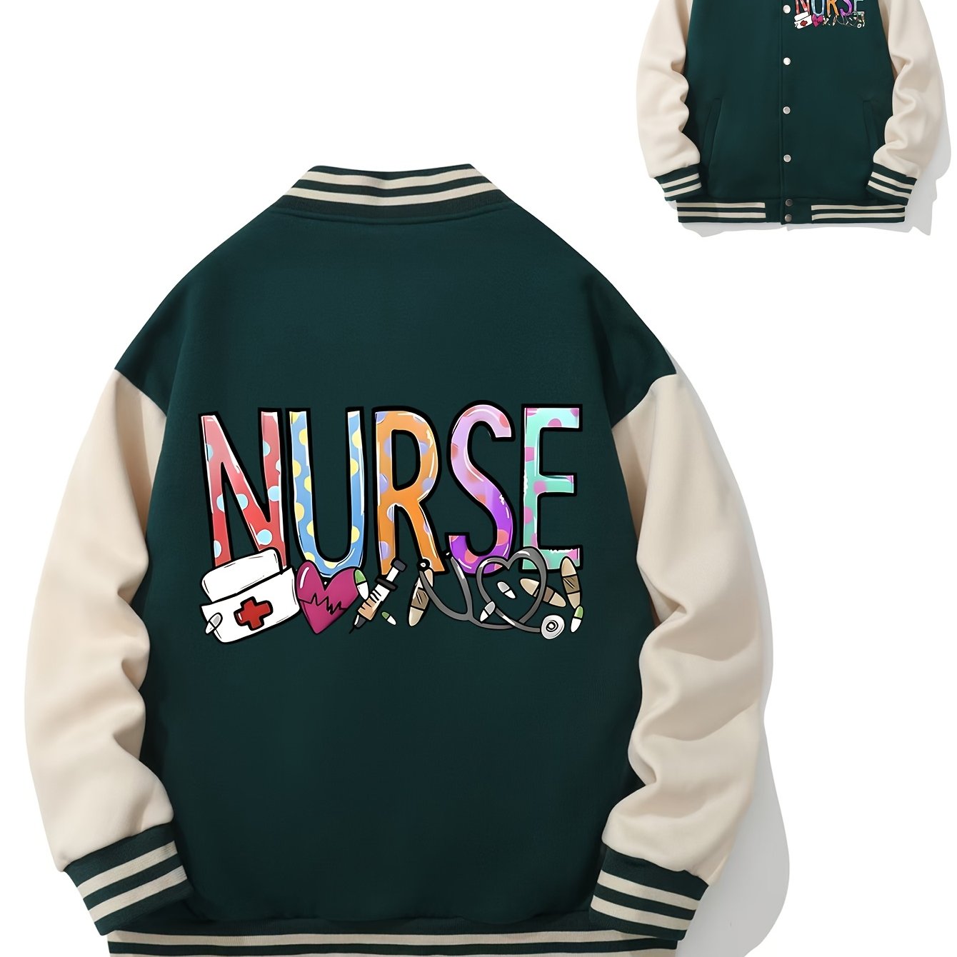 Women's "NURSE" Varsity Jacket - Colorful Lettering & Symbols, Casual Polyester, Button-Up with Striped Collar, Machine Washable