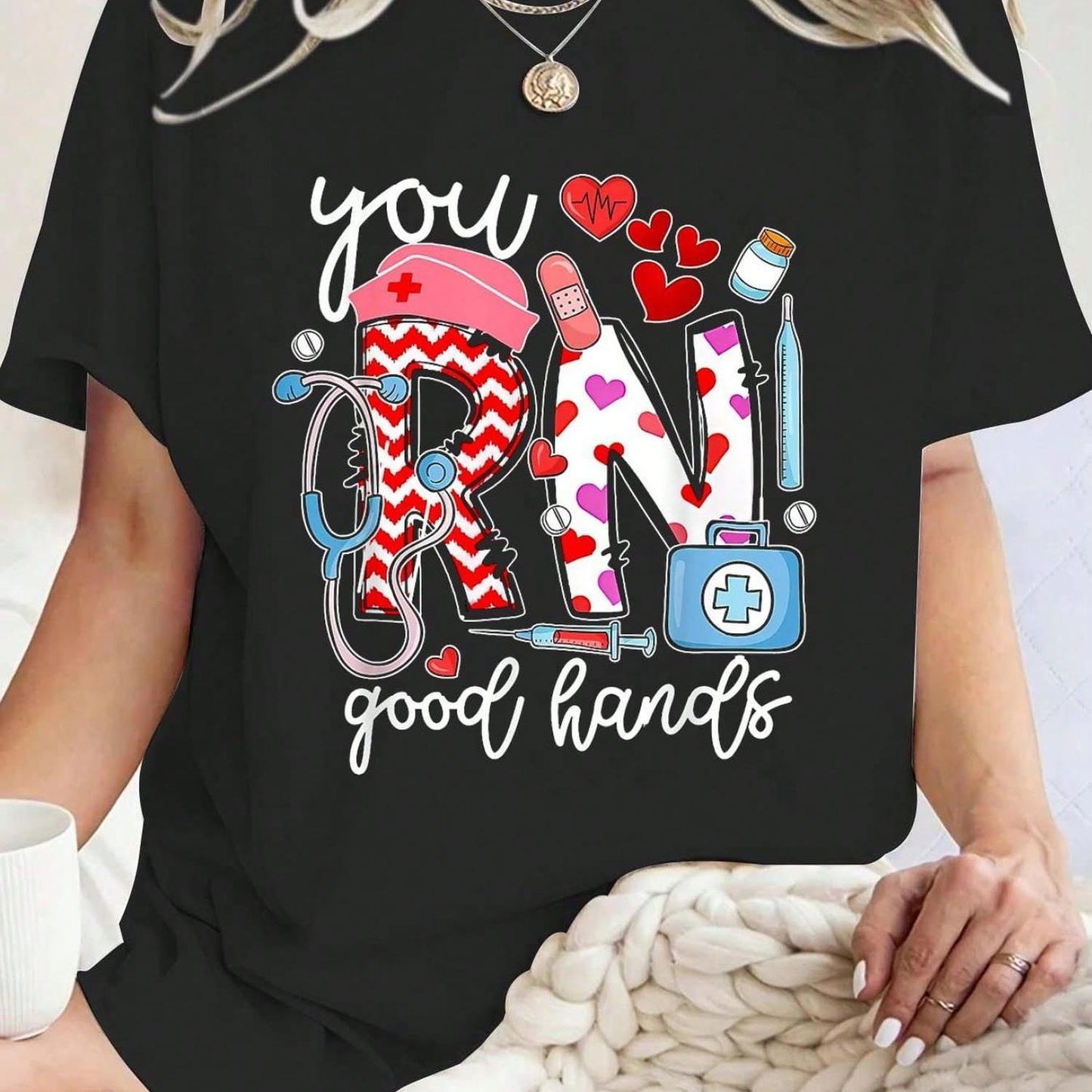 You RN Good Hands" Cute Nurse Graphic Tee - Soft 100%, Short Sleeve, Round Neck T-Shirt for Women - Stylish & Comfortable Nursing Graduation Top with Medical-Themed Print