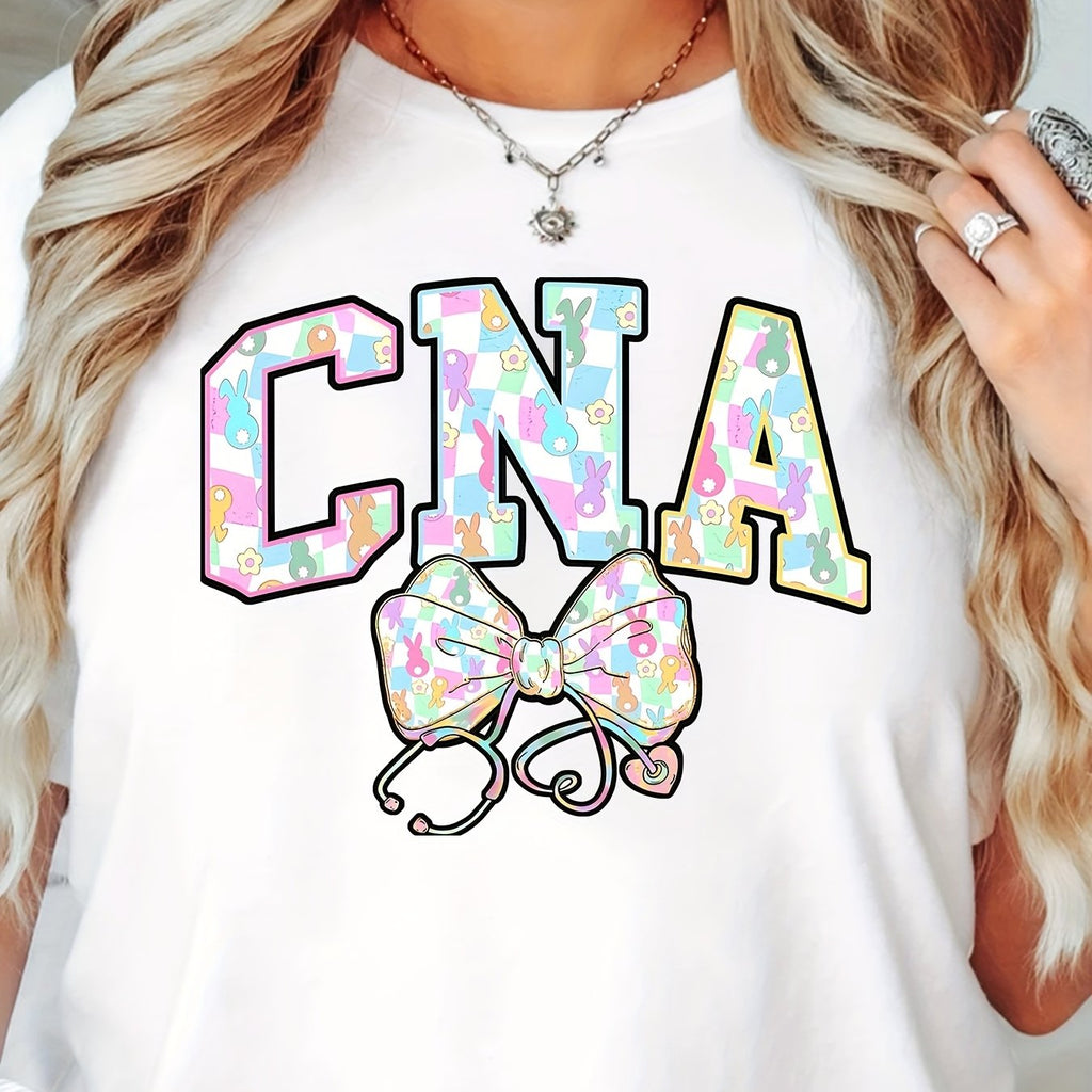 Women's CNA Nurse Bunny Graphic T-Shirt - 100%, Short Sleeve, Round Neck, Machine Washable, Playful Easter Design with Colorful Bunny Ears & Stethoscope, Spring/Summer Casual Tee for, Spring Fashion Top | Casual Round Neck |