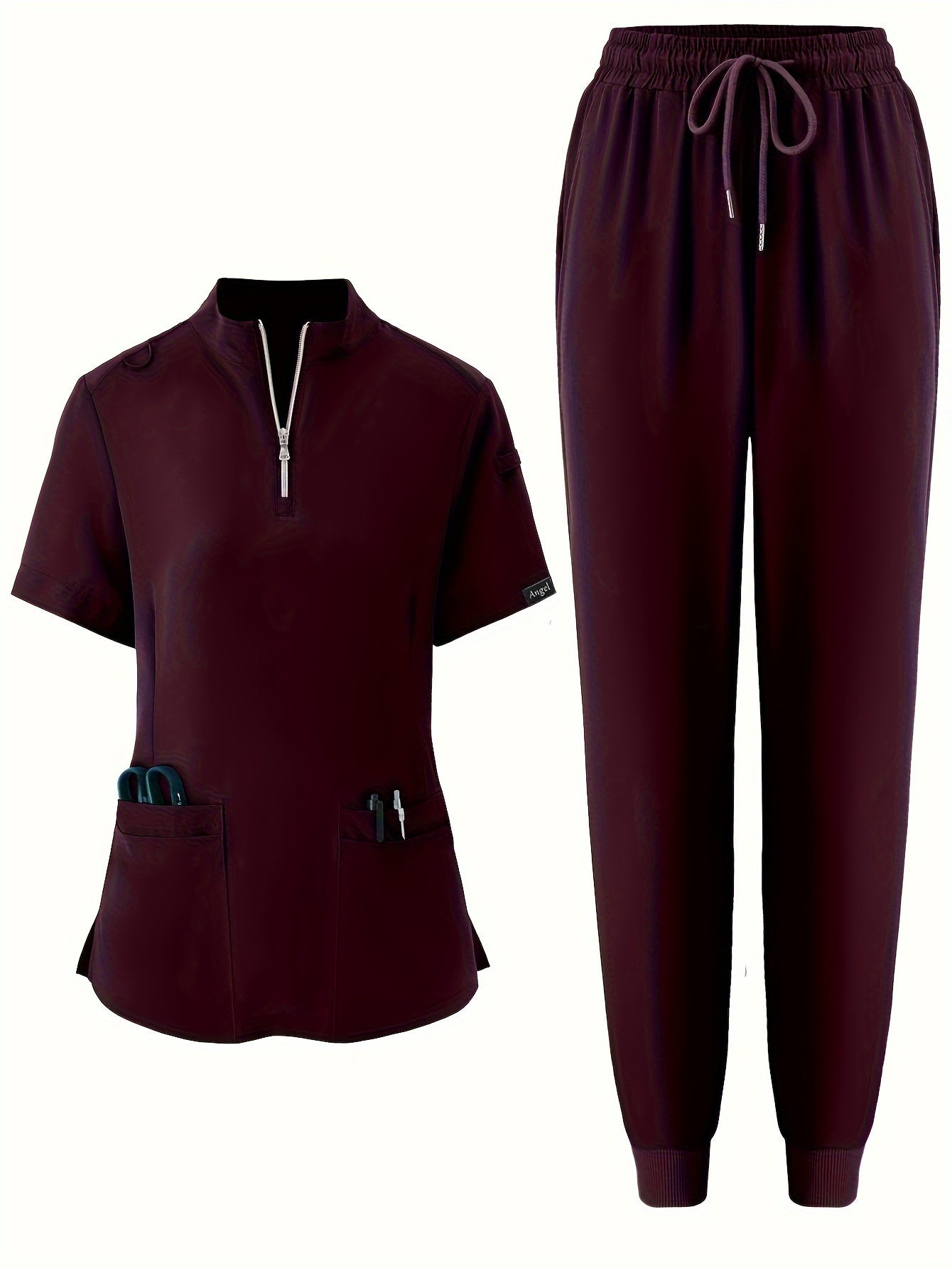 Solid Color Modern Scrub Set, Short Sleeve 2 Pockets Scrub Top + Drawstring Waist Scrub Bottoms, Breathable & Comfortable Health Care Uniform For Doctor, Nurse, Physician, Dentist, Women's Work Clothing