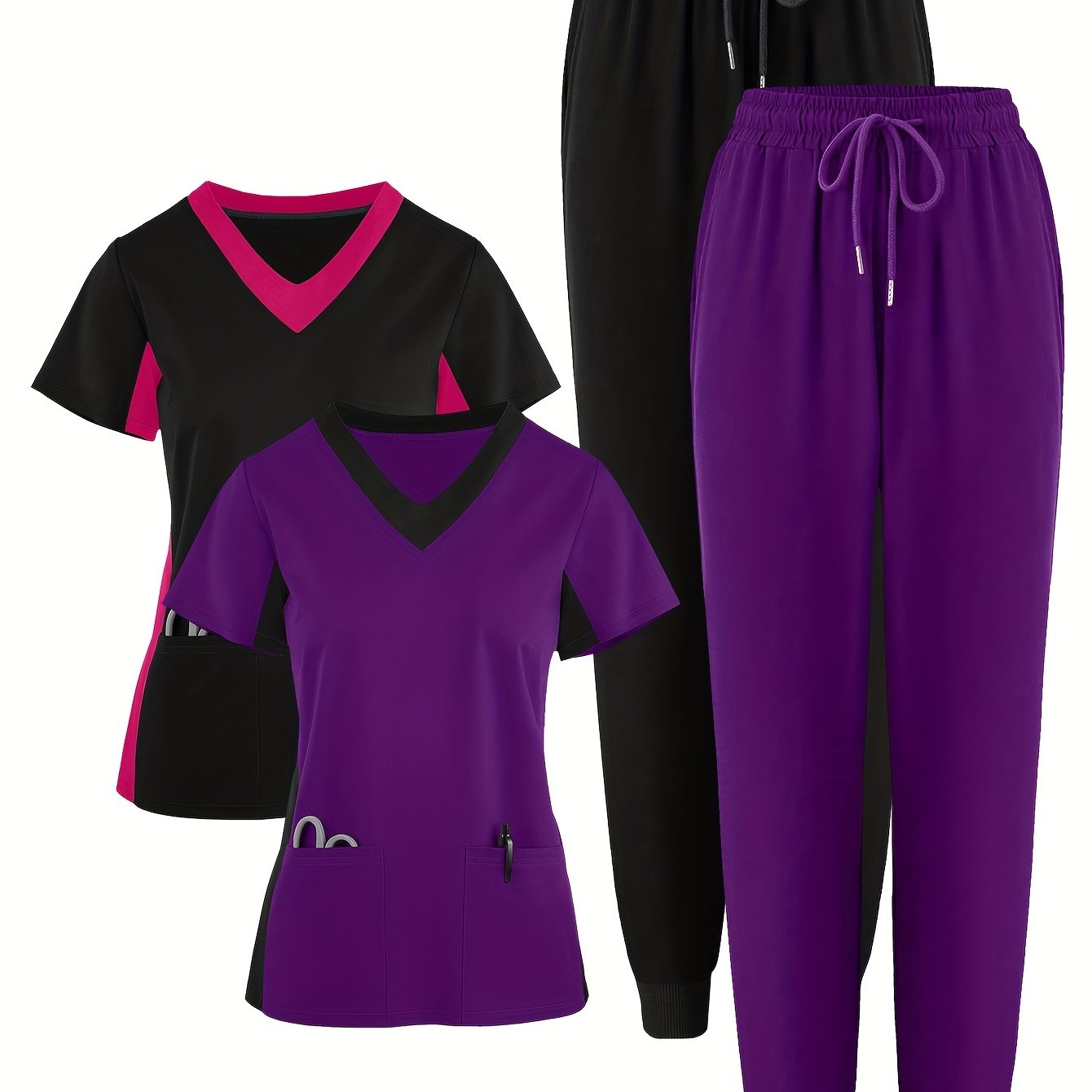 (4pcs Set)Scrubs Uniform Women's Jogging Brushed Elastic Sport Nurse Medical Uniform Scrub Top Work Suit Breathable Scrub Set 4pcs