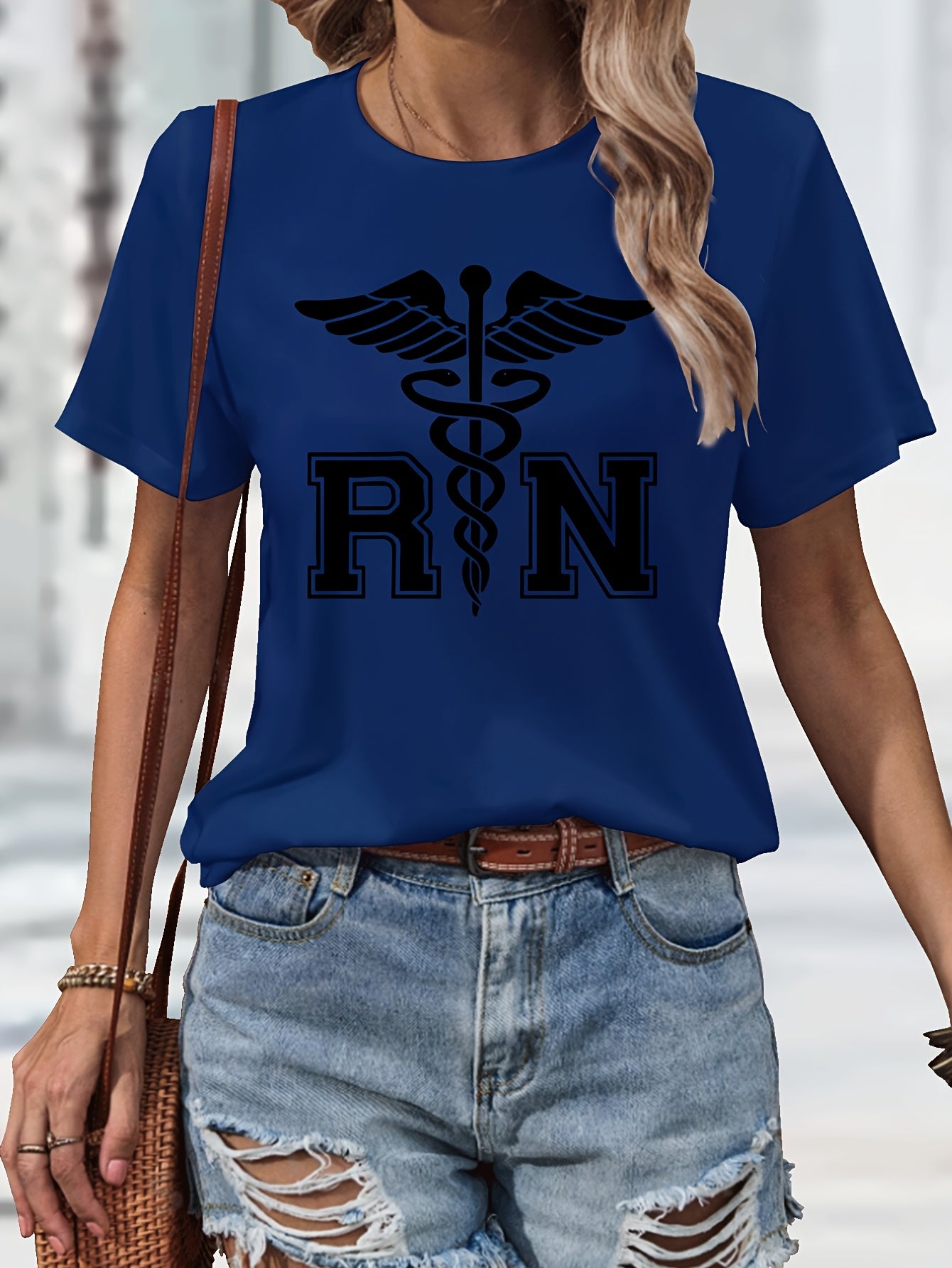Women's Casual Nurse T-Shirt with RN Graphic - Black Short Sleeve, Round Neck, Machine Washable, Polyester Blend, Comfortable Casual Attire, Nurse Shirt