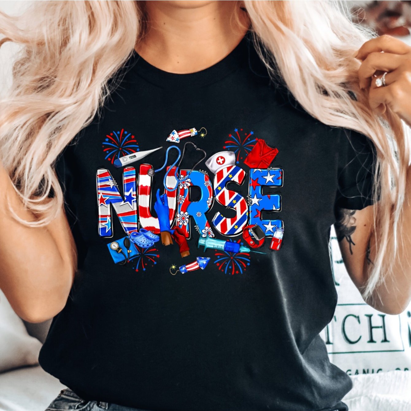 [4th July Fireworks Tee] 4th July Nurse Fireworks Print Crew Neck T-Shirt - Casual Short Sleeve - Women's Clothing