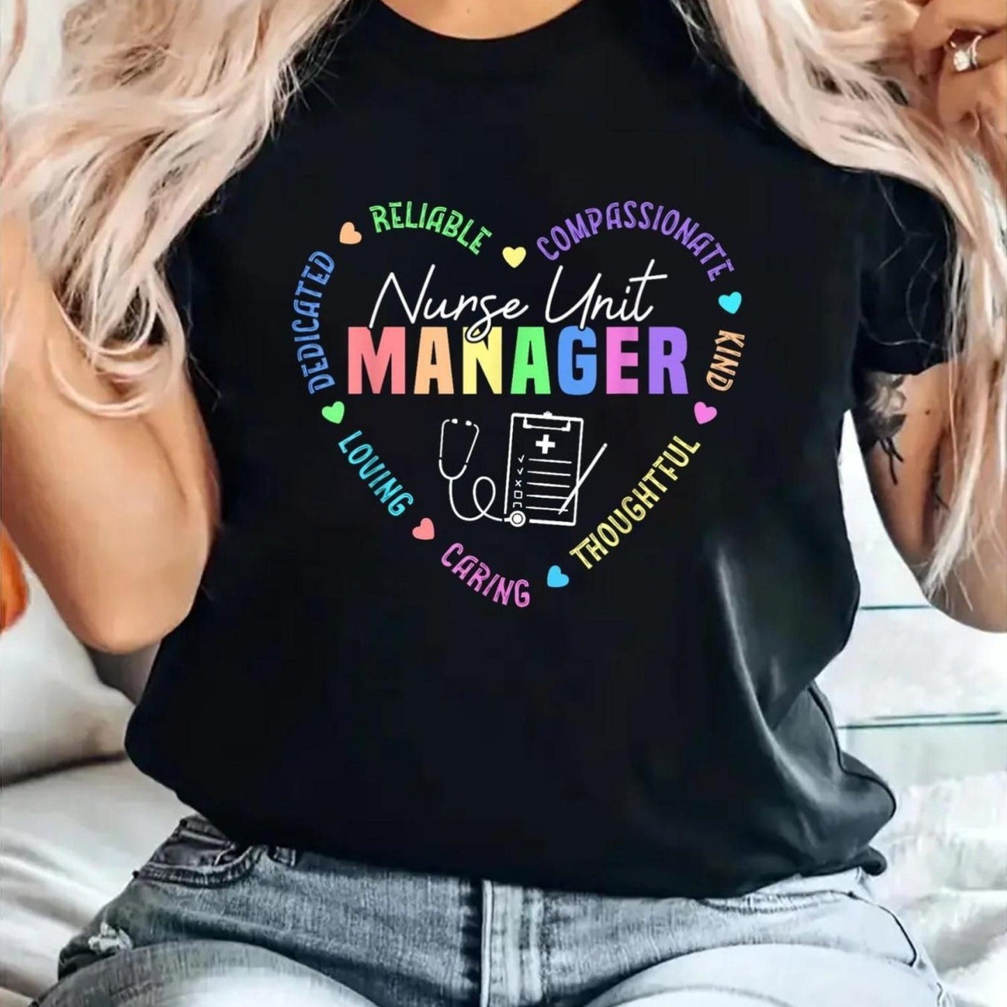 Women's "Nurse Unit Manager" Appreciation T-Shirt - Black Crew Neck with Colorful Medical Terminology Print, Short Sleeve Casual Top for Spring & Summer, Casual Summer Top