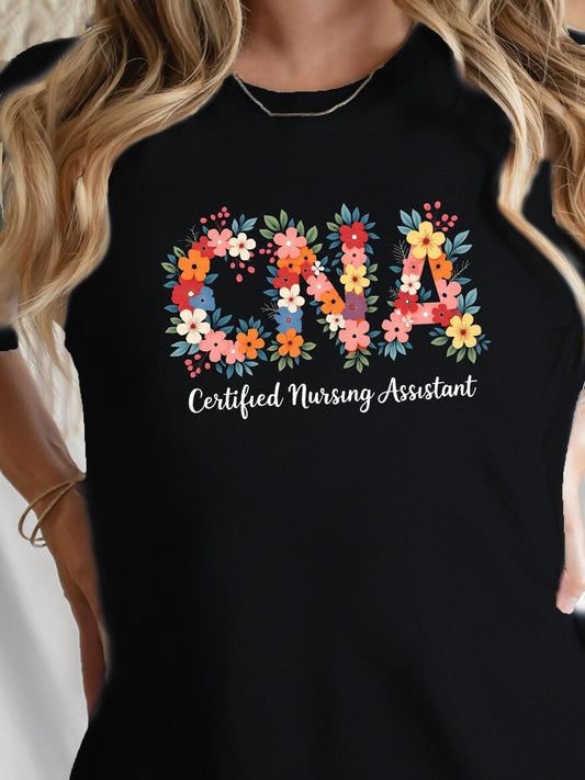 Women's Navy Blue Floral CNA T-Shirt - Certified Nursing Assistant Design, Comfortable Fit, Short Sleeve Round Neck Blouse for Nurses, Casual Style, 180g Pure, Everyday Comfort