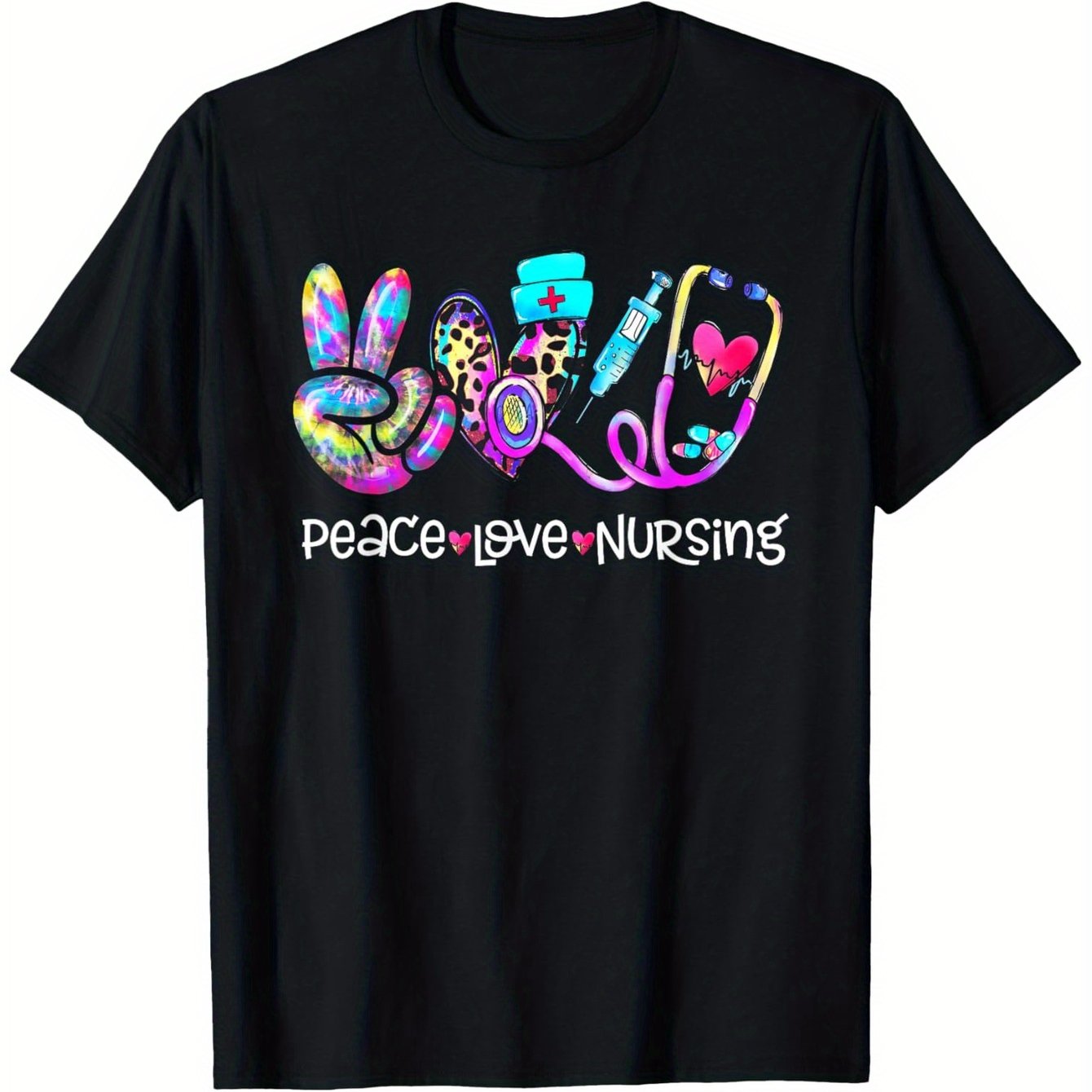 Peace Love Nursing Leopard Heart Stethoscope Nurse Life T-Shirt, 100% Cotton, Fabric Weight 180g, Gift for Men Women Friends Family, S-XXXL, Black