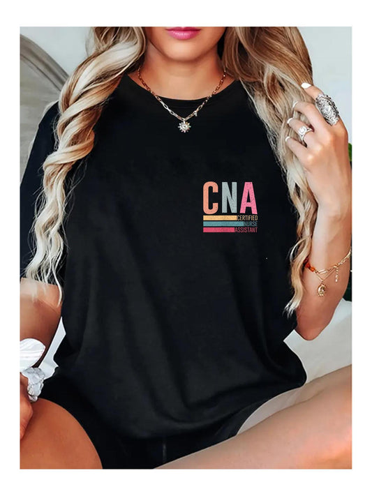 Women's Vintage-Inspired CNA T-Shirt - Soft, Short Sleeve, Round Neck, Black with Colorful Striped Lettering - Perfect Gift for Nursing Assistants & Healthcare Professionals, Nurse Gifts
