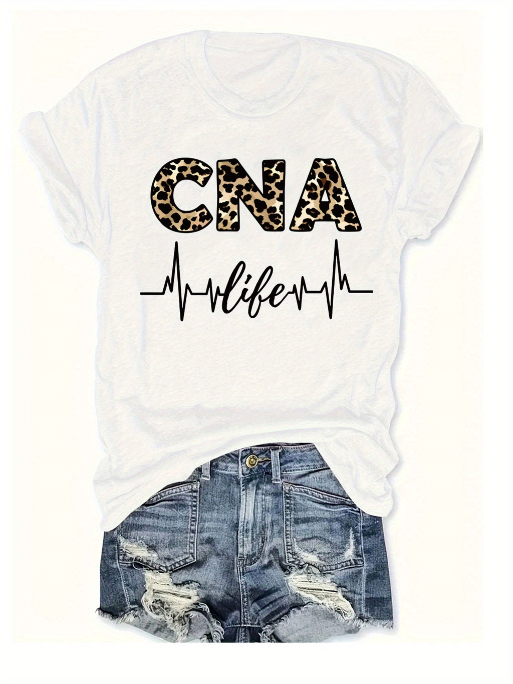Women'S Casual CNA Graphic Tee - Red Crew Neck T-Shirt with Leopard Print "CNA" Design & Heartbeat Line, All-Season Fashion, Casual Wear|Leopard Print Top|Comfortable Fit, Nurses Shirt