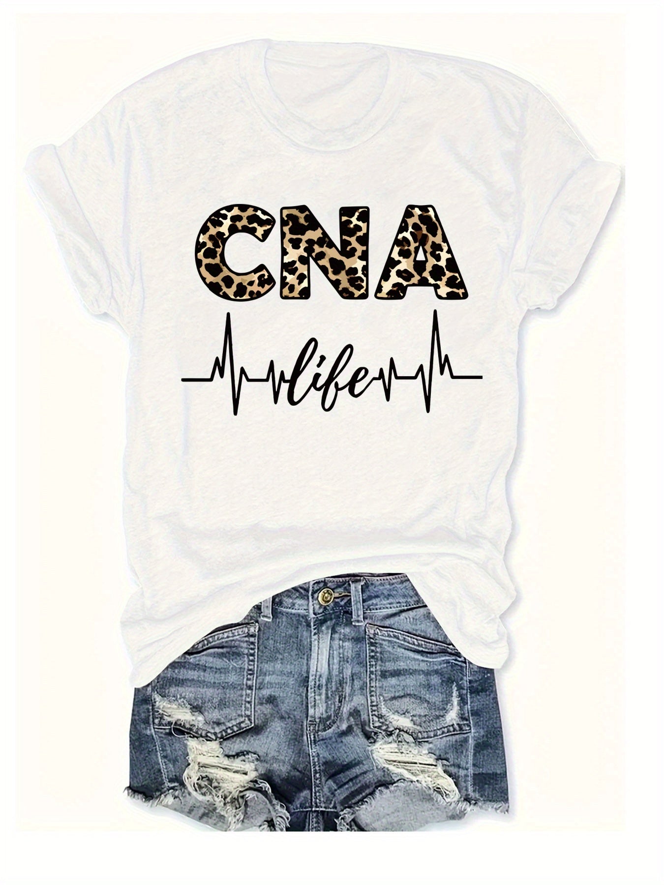 Women'S Casual CNA Graphic Tee - Red Crew Neck T-Shirt with Leopard Print "CNA" Design & Heartbeat Line, All-Season Fashion, Casual Wear|Leopard Print Top|Comfortable Fit, Nurses Shirt