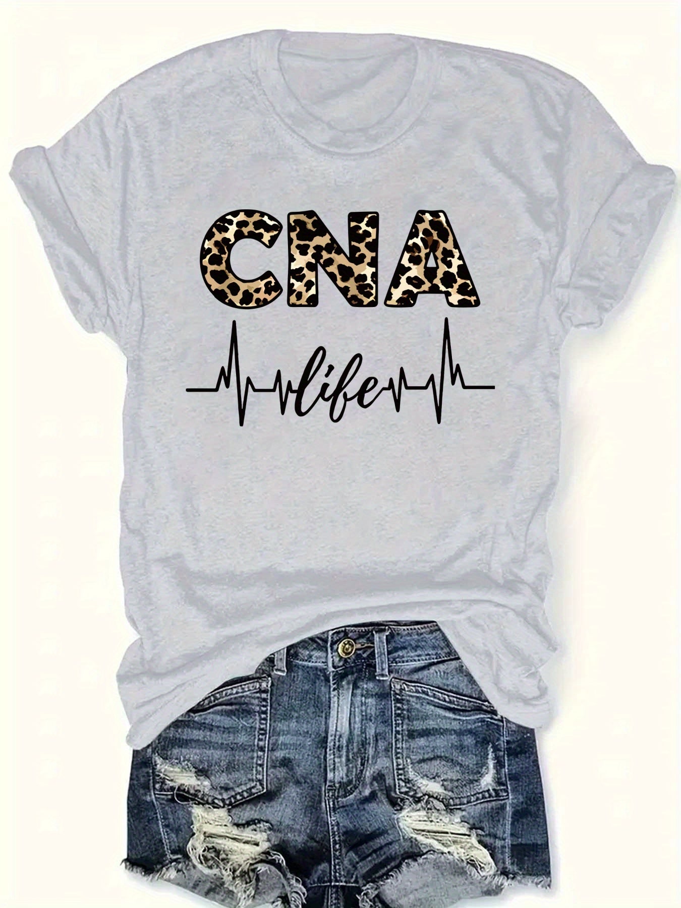 Women'S Casual CNA Graphic Tee - Red Crew Neck T-Shirt with Leopard Print "CNA" Design & Heartbeat Line, All-Season Fashion, Casual Wear|Leopard Print Top|Comfortable Fit, Nurses Shirt