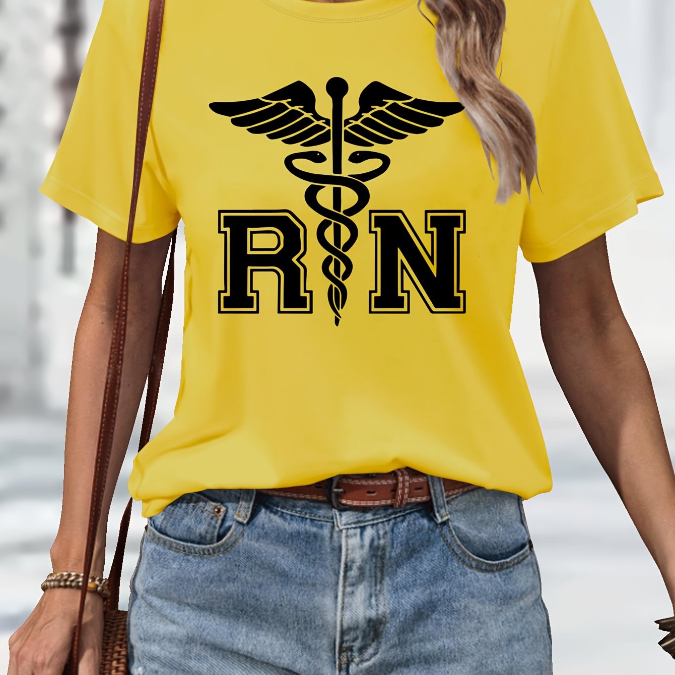 Women's Casual Nurse T-Shirt with RN Graphic - Black Short Sleeve, Round Neck, Machine Washable, Polyester Blend, Comfortable Casual Attire, Nurse Shirt