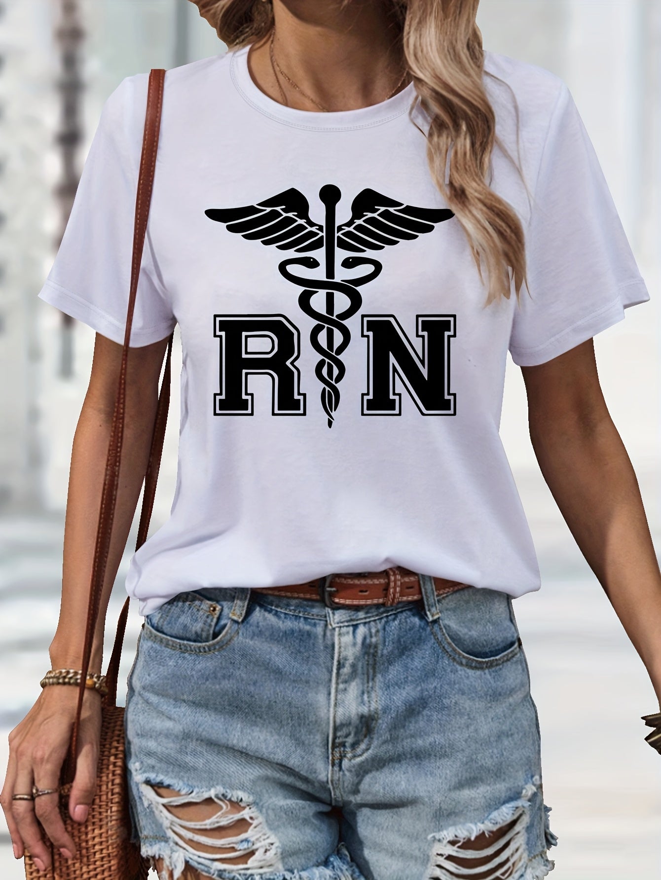 Women's Casual Nurse T-Shirt with RN Graphic - Black Short Sleeve, Round Neck, Machine Washable, Polyester Blend, Comfortable Casual Attire, Nurse Shirt