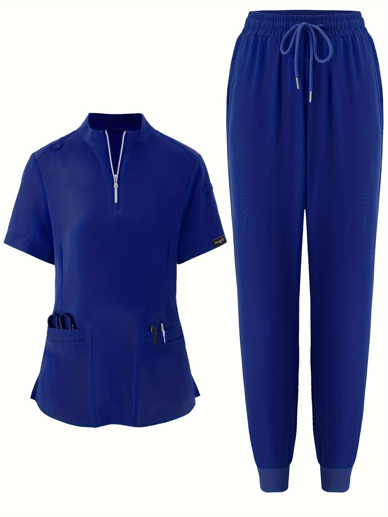 Solid Color Modern Scrub Set, Short Sleeve 2 Pockets Scrub Top + Drawstring Waist Scrub Bottoms, Breathable & Comfortable Health Care Uniform For Doctor, Nurse, Physician, Dentist, Women's Work Clothing