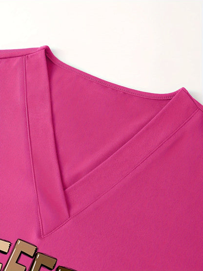 Coffee Letter Print V Neck Scrub Tops with Split, Elegant Patched Pockets Short Sleeve Nurse Uniform, Women's Clothing