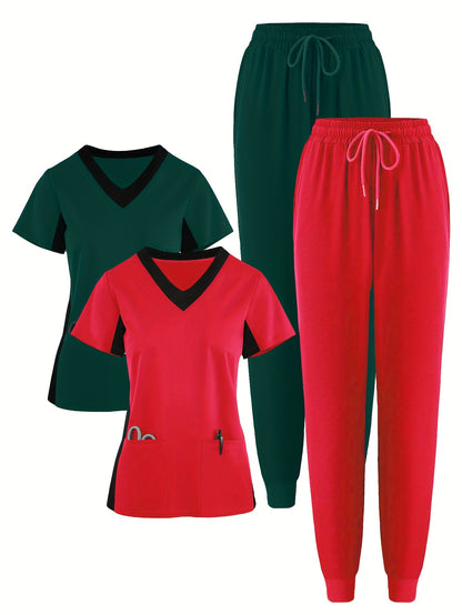 (4pcs Set)Scrubs Uniform Women's Jogging Brushed Elastic Sport Nurse Medical Uniform Scrub Top Work Suit Breathable Scrub Set 4pcs